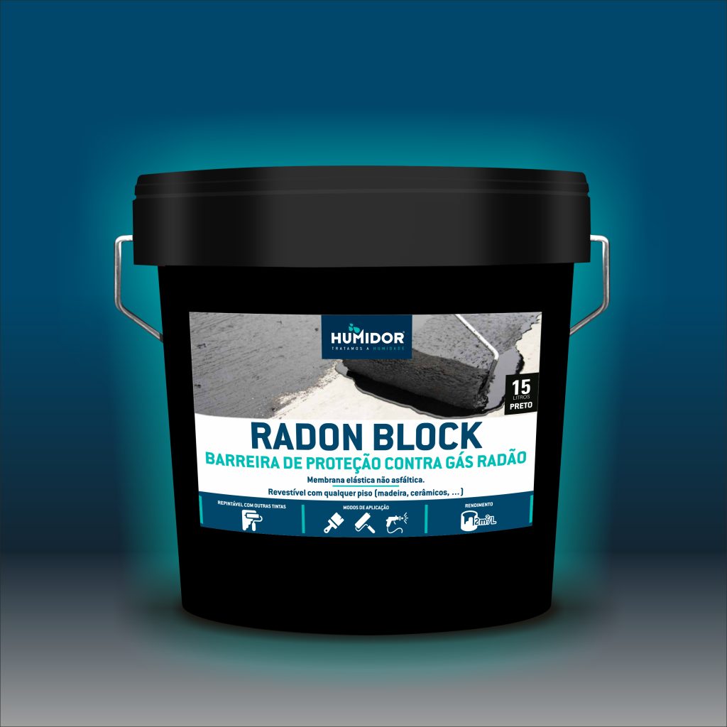 Hunidor Radon Block - Membrana líquida anti-radão - Radon Block é uma tinta impermeabilizante com componentes especiais que limitam a penetração do gás radão proveniente do solo no interior do edifício, com o objetivo de o manter em valores seguros na habitação.